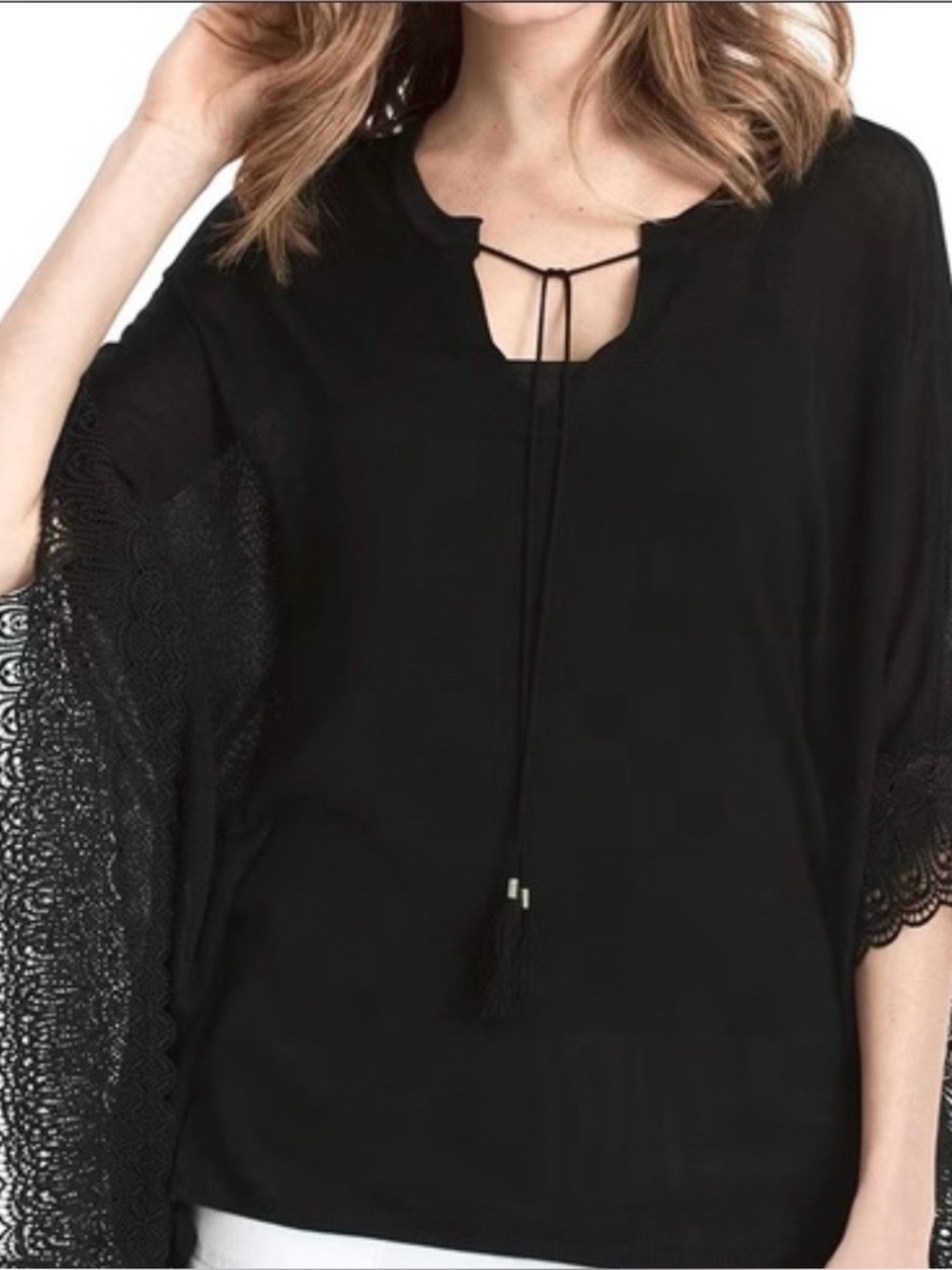 White House Black Market Black Knit Top with Tie Neck